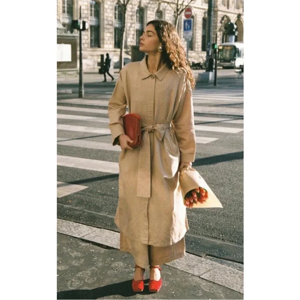 POSSE Ruth Long Trench Coat Linen Cotton Latte Tan Size M - Picture 4 of 9